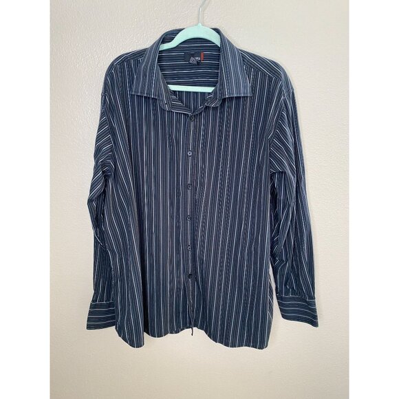 Men’s Utopia Black Gray Striped Button-Down Long-Sleeve Shirt XXL Cotton Collar - Picture 2 of 6
